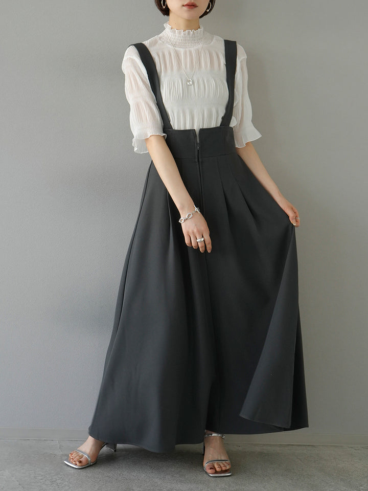 [SET] Shirring chiffon half sleeve blouse + 2WAY flare jumper skirt (2set)