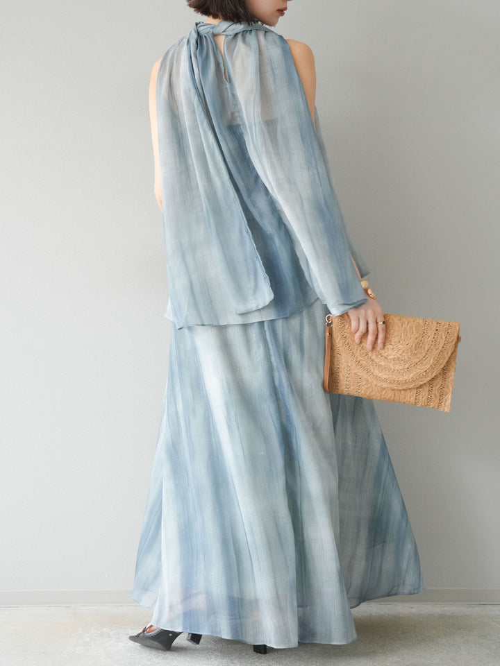 [SET]ニュアンスシアーホルターネックブラウス+ニュアンスシアーフレアスカート(2set)