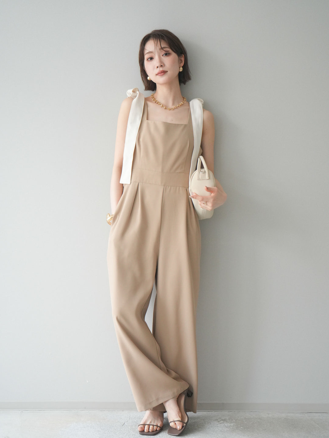 [予約]ショルダーリボンサロペット/beige