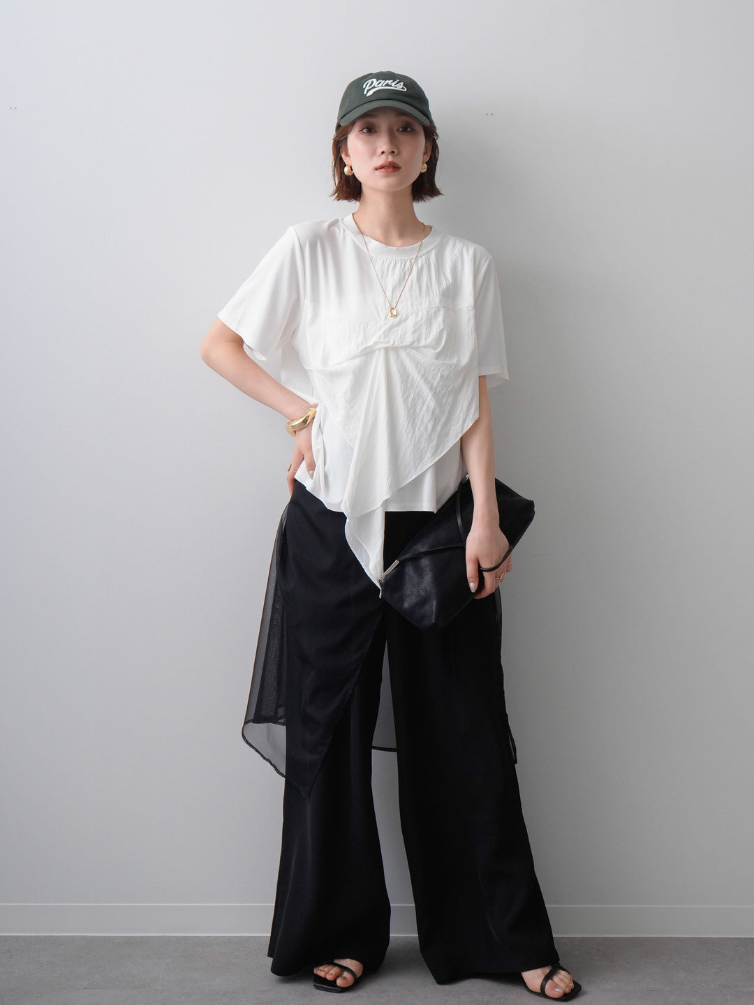 [SET]ラッフルドッキングTEE+シアーエプロン付ドレープタックワイドパンツ(2set)