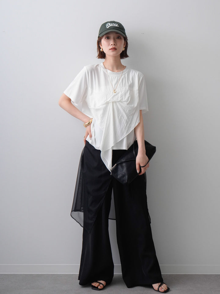 [SET]ラッフルドッキングTEE+シアーエプロン付ドレープタックワイドパンツ(2set)