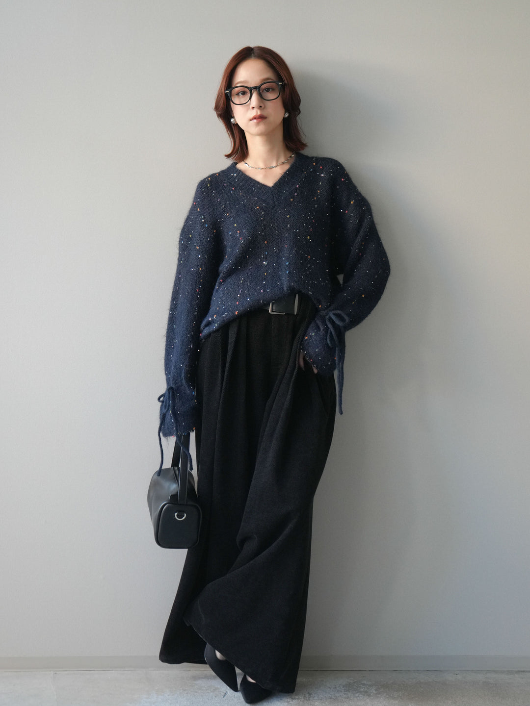 [予約]ベルトデザインループコールテンワイドパンツ(ベルト付き)/black