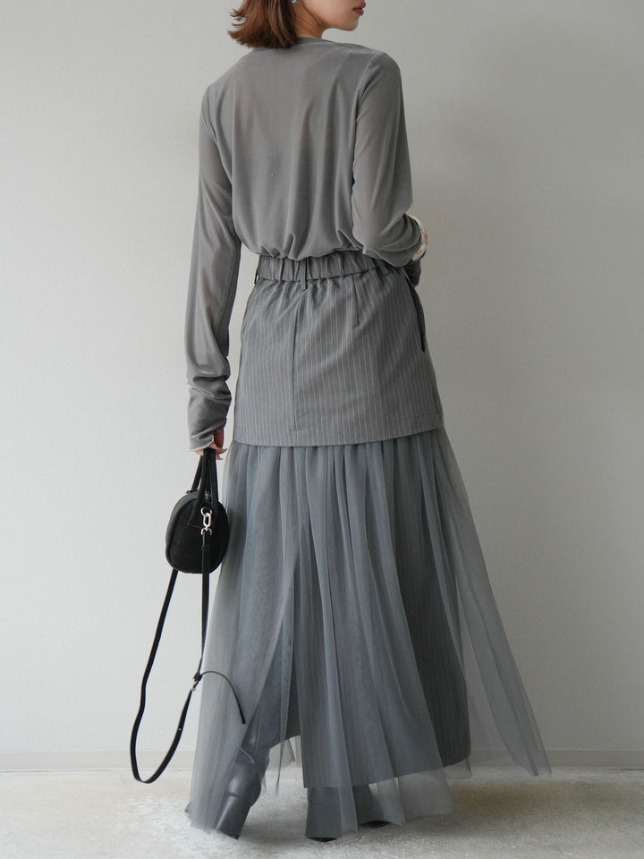 [予約]ストライプ切替チュールスカート/グレー