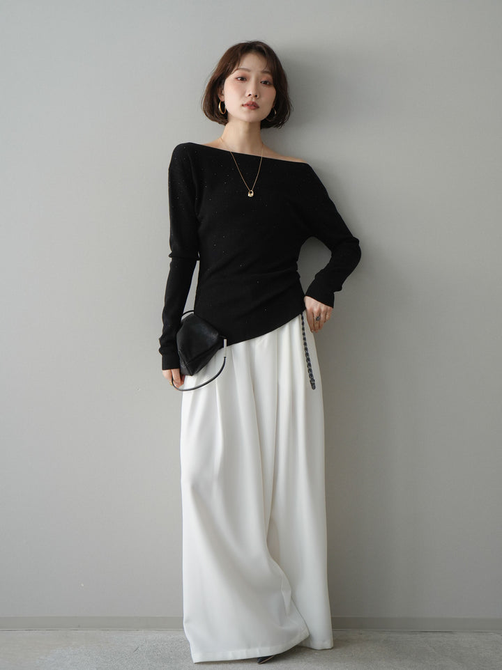 [予約]編み込みベルト付タックワイドパンツ/white