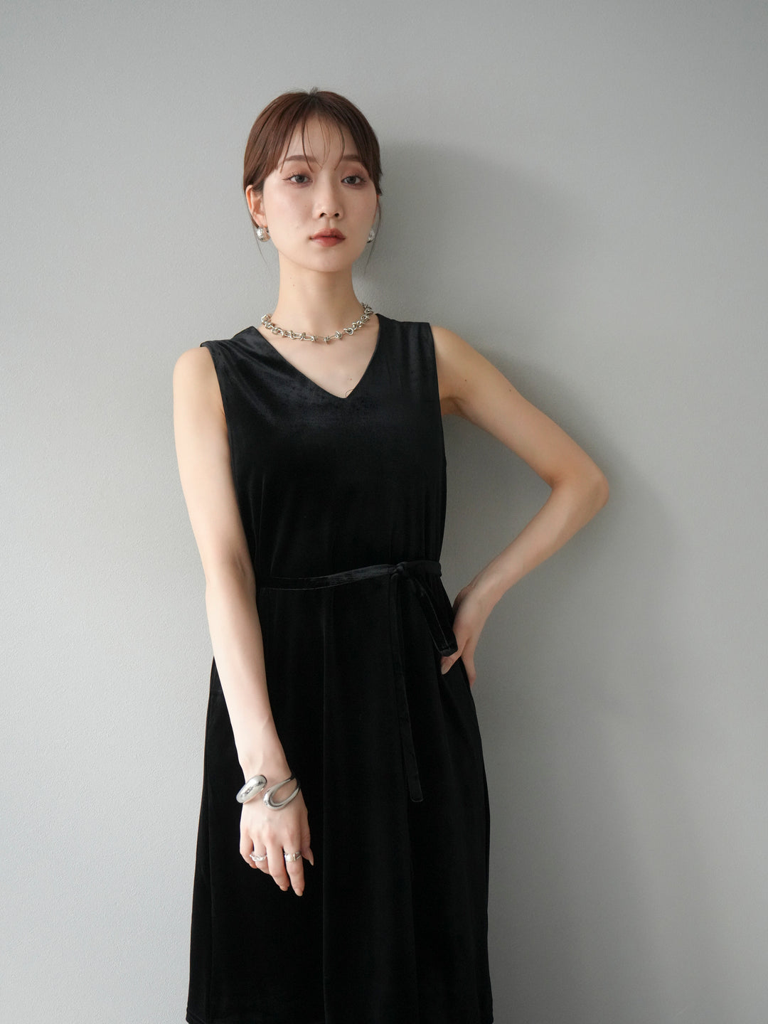 [予約]裾コットンレースベロアワンピース/ブラック