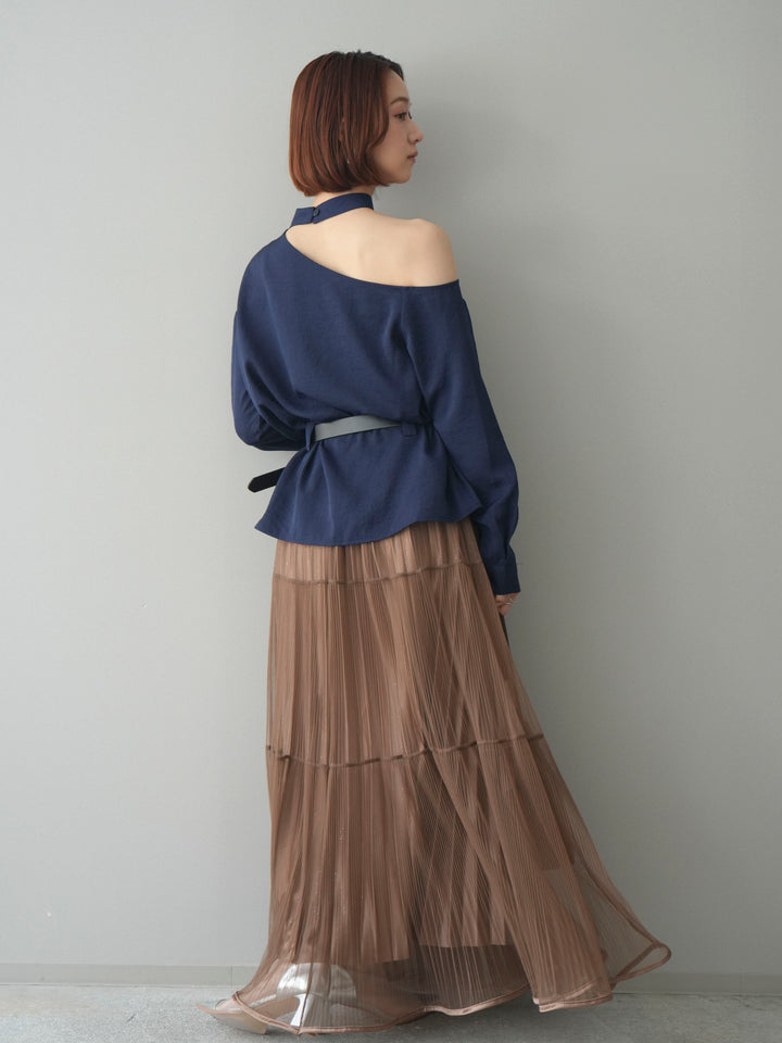 [SET]ベルト付ワンショルダースリットブラウス+ラメプリーツレイヤードチュールロングスカート(2set)