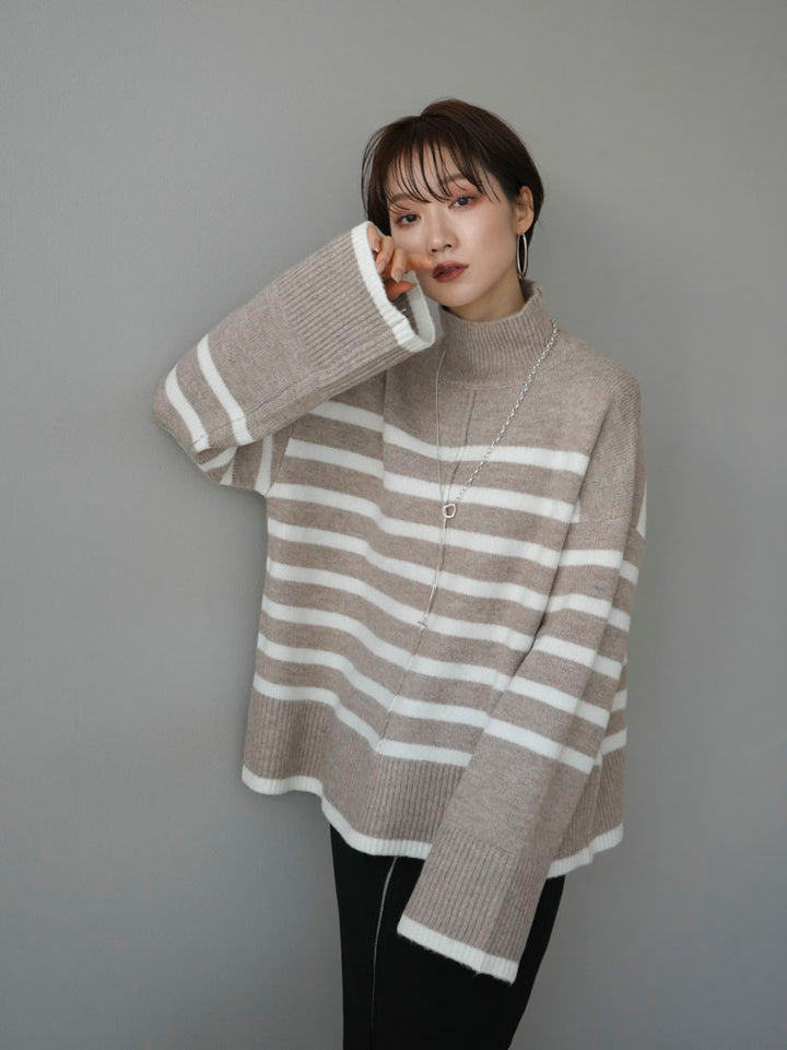 [Pre-order] High-neck Basque striped knit pullover/greyish beige