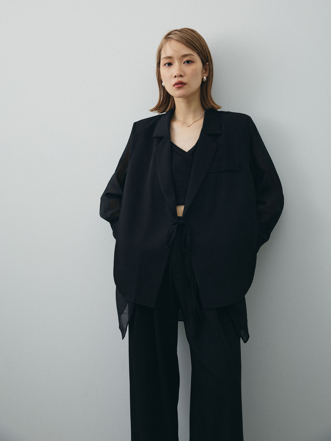[SET]シアー切替テーラードジャケット+リネンライクカシュクールデザインビスチェ+2タックワイドパンツ(3set)