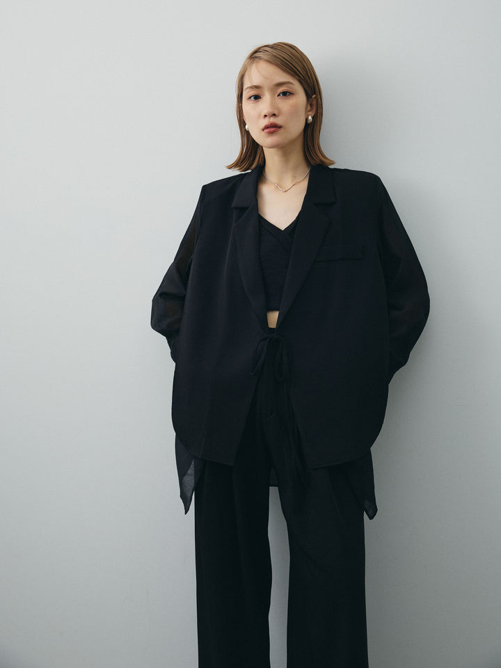 [SET]シアー切替テーラードジャケット+リネンライクカシュクールデザインビスチェ+2タックワイドパンツ(3set)