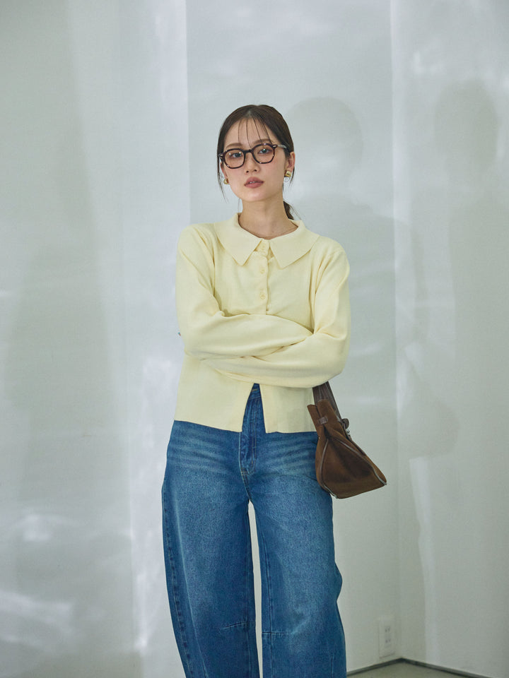 【Allure】[SET]襟付きギャザーニットカーディガン+アシメカーブデニムパンツ(2set)