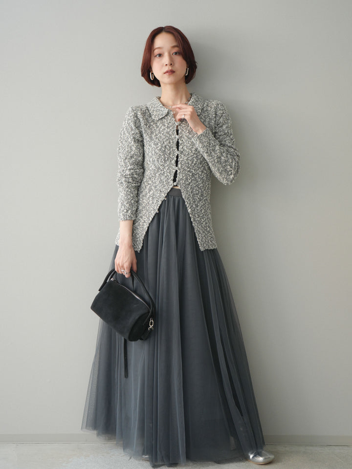 [SET]透かし編みブークレポロニットトップス+チュールボリュームスカート(2set)