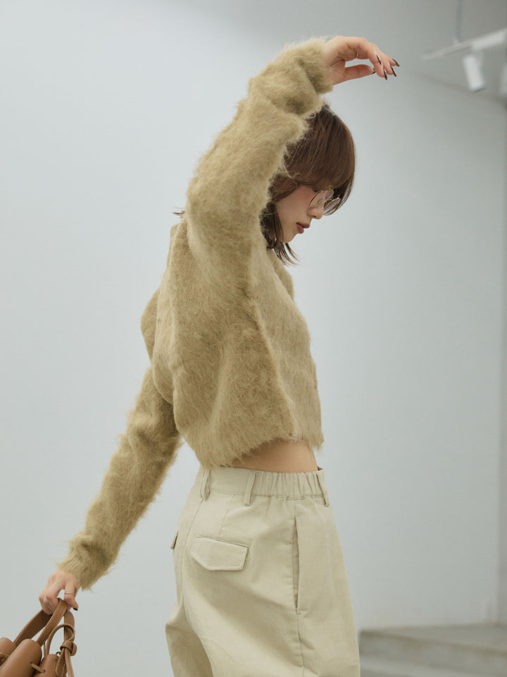 【Allure】[SET]モヘアタッチクロップドニットプルオーバー+コーデュロイタックワイドパンツ(2set)