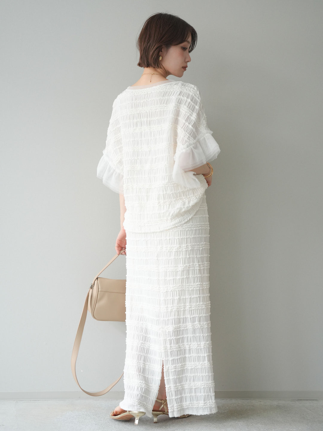 [SET]チュール袖リップルトップス+リップルIラインスカート(2set)