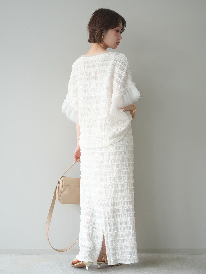 [SET]チュール袖リップルトップス+リップルIラインスカート(2set)