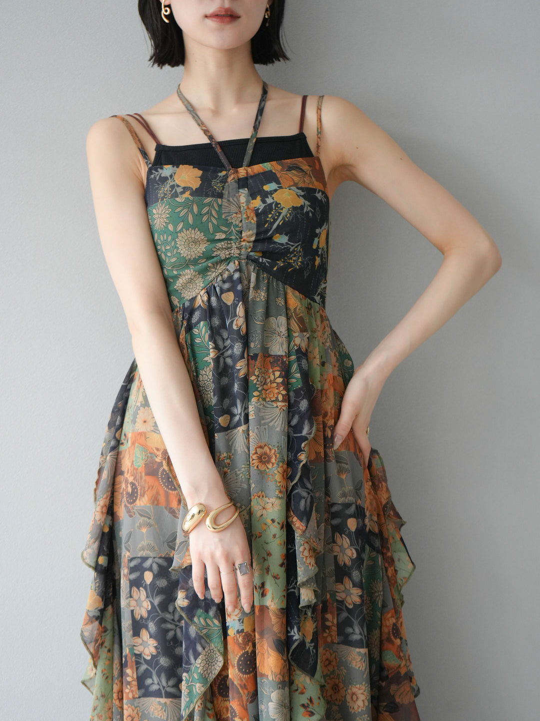 [預購] 拼布荷葉邊吊帶洋裝/混色