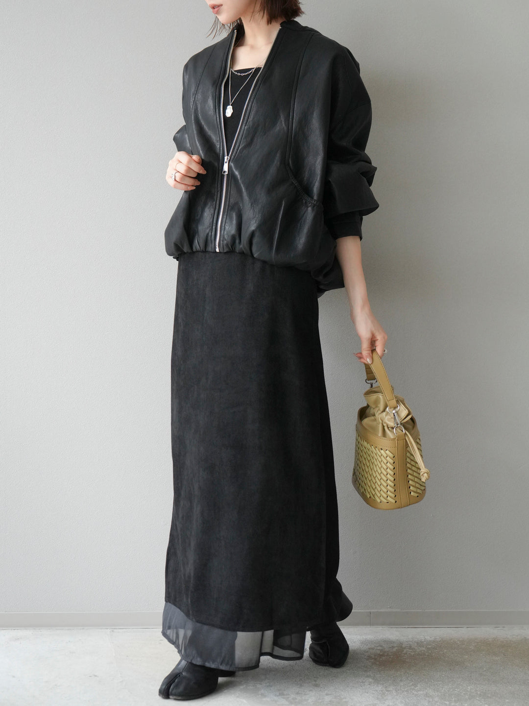 [予約]サイドスリットスウェードドッキングシフォンスカート/ブラック