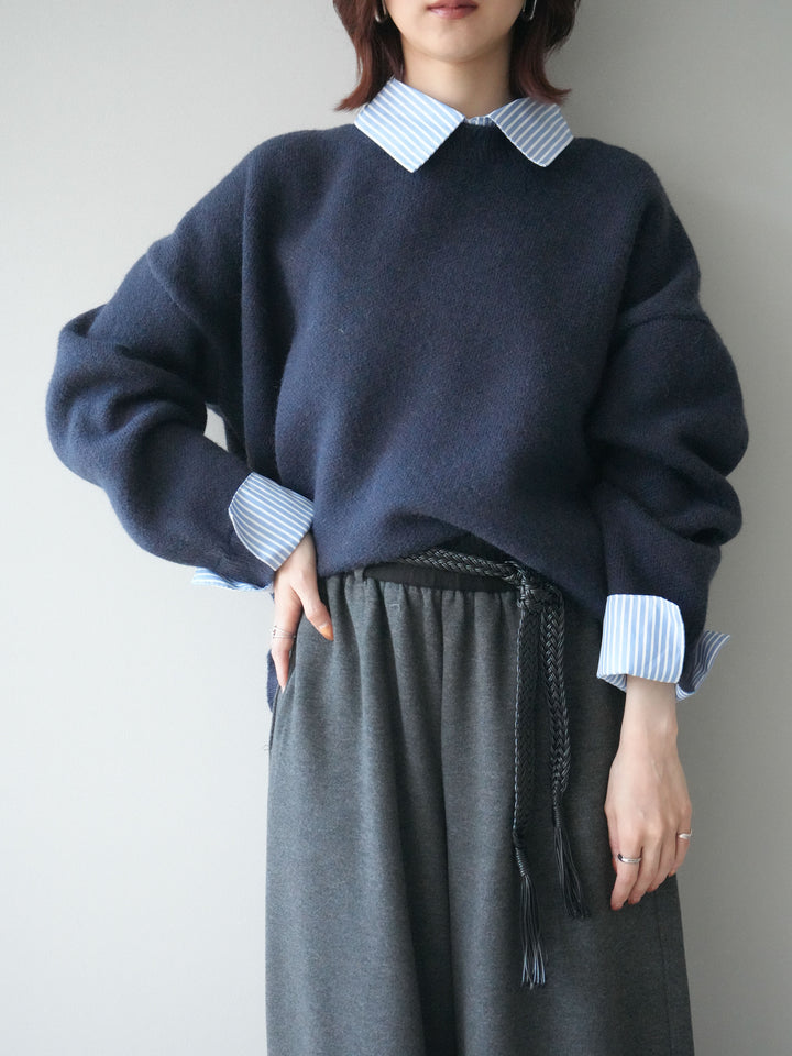 [SET]2WAYストライプ襟ニットプルオーバー+編み込みベルト付きウエスト配色スエットパンツ(2set)