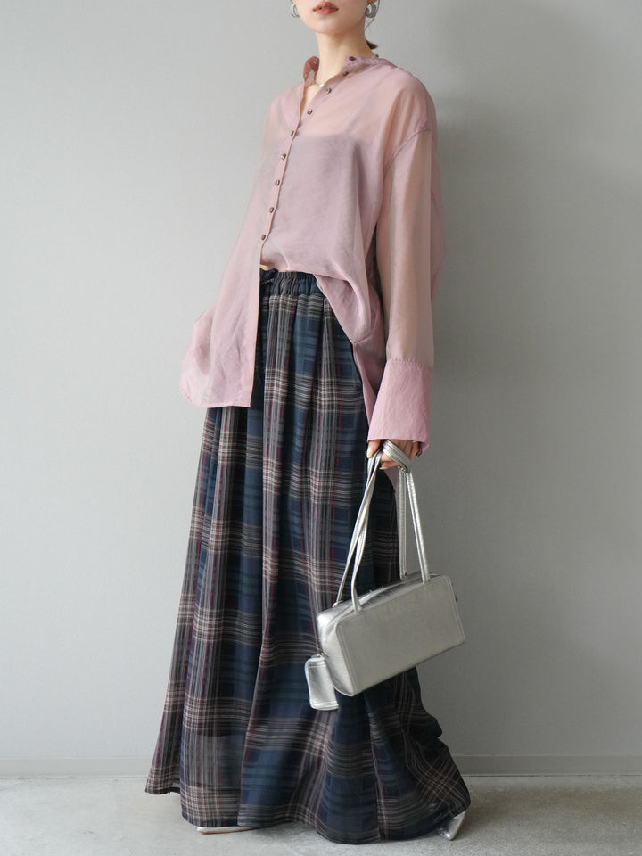 [SET] 亮面透視立領襯衫 + 透視格紋寬鬆褲 (2 件套)