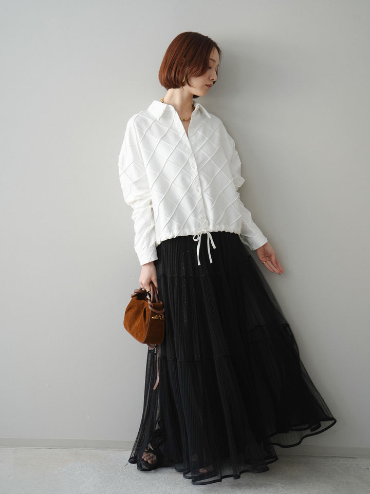 [予約]ラメプリーツレイヤードチュールロングスカート/black