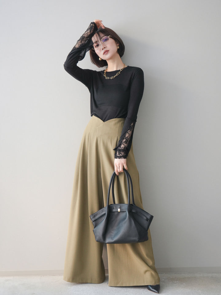 [予約]袖レースレイヤードデザインメロートップス/black