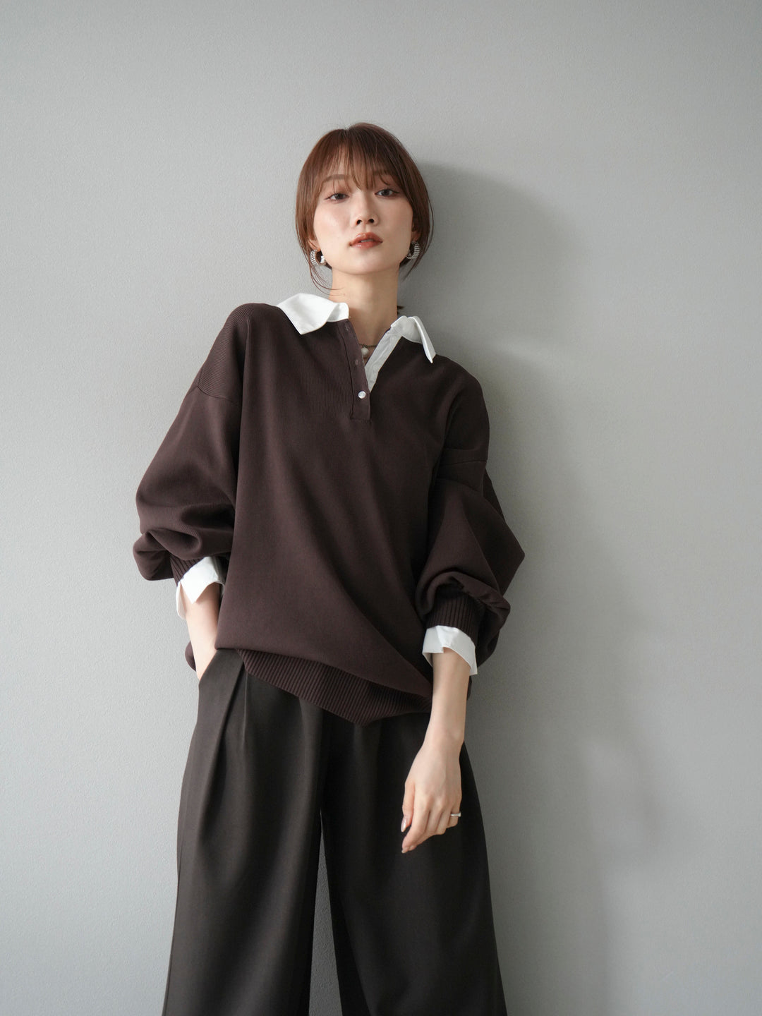 【SET】翻領polo針織套衫+雙褶闊腿褲（2件組）