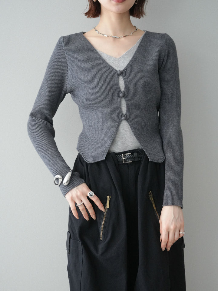 [予約]Vネック配色レイヤードスリットニットトップス/charcoal