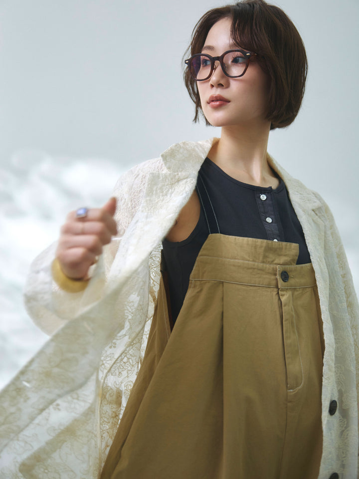 [予約]カットオフコットンツイル配色ステッチサロペット/beige