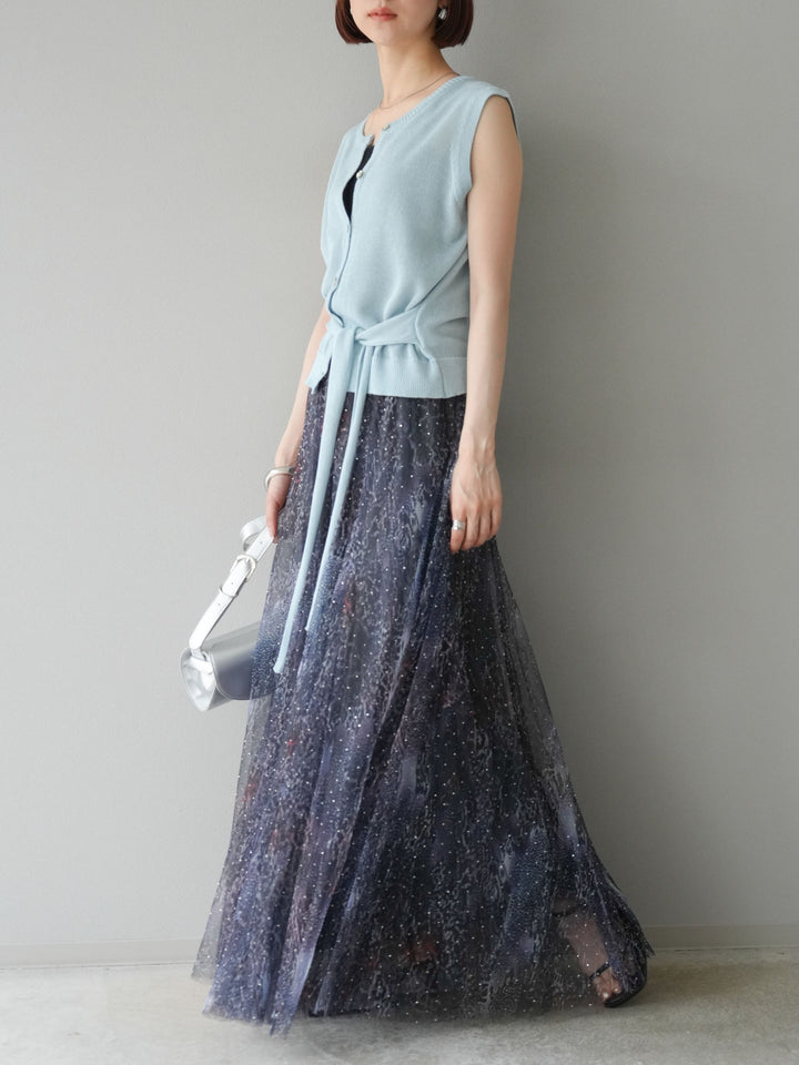 [予約]ニュアンス柄チュールレイヤードプリーツスカート/ネイビー