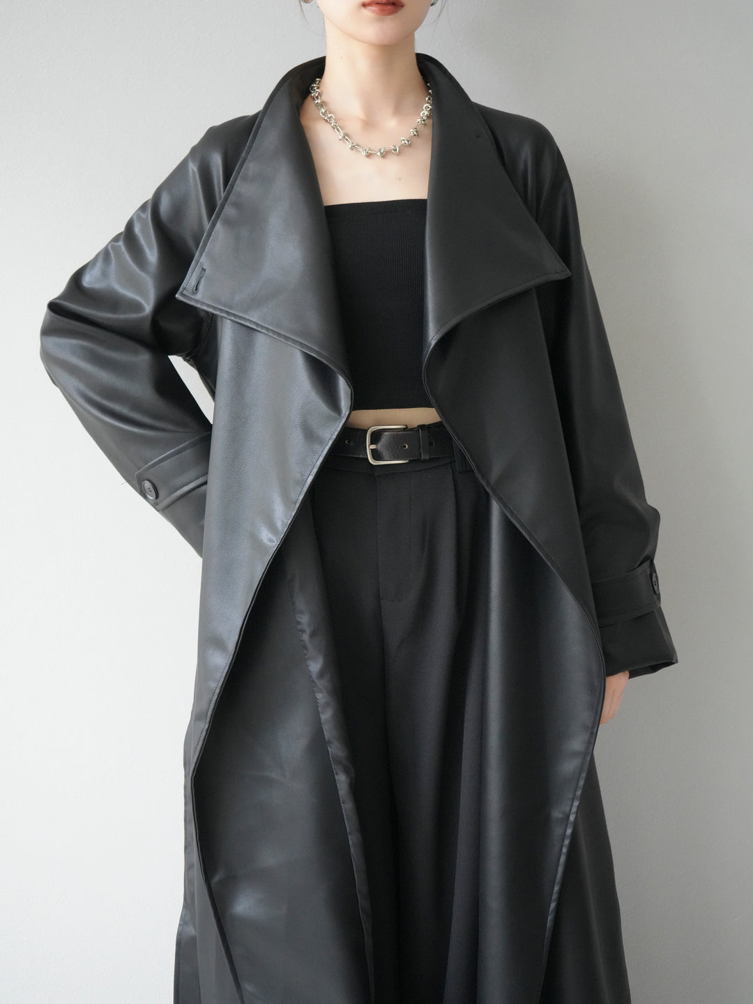 [予約]BIGカラーレザーロングコート/ブラック