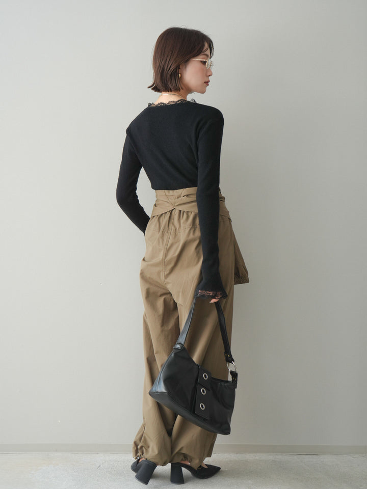 [SET]レースドッキングVネックニットトップス+ウエスト巻きデザインドロストコットンナイロンパンツ(2set)