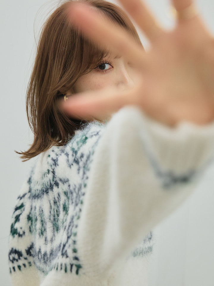 【Allure】[SET]ノルディック柄モックネックオーバニットプルオーバー+モックスカルゼサイドタックコクーンパンツ(2set)