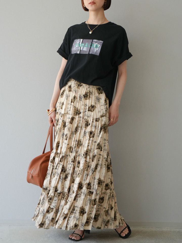 [SET]ネオンロゴコラージュフォトプリントオーバーTシャツ+フラワーワッシャーロングスカート(2set)