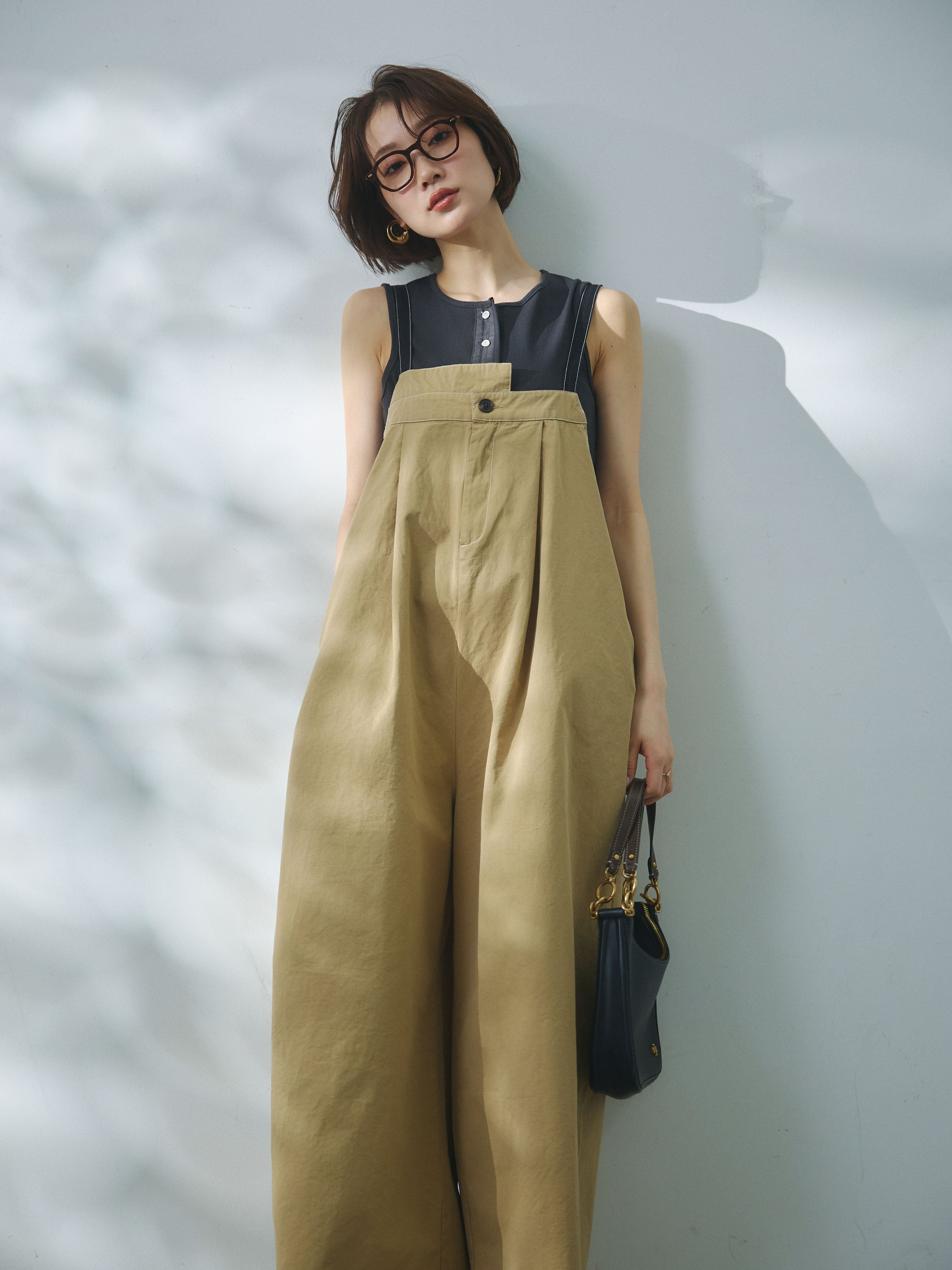 予約]カットオフコットンツイル配色ステッチサロペット/beige – Lumier