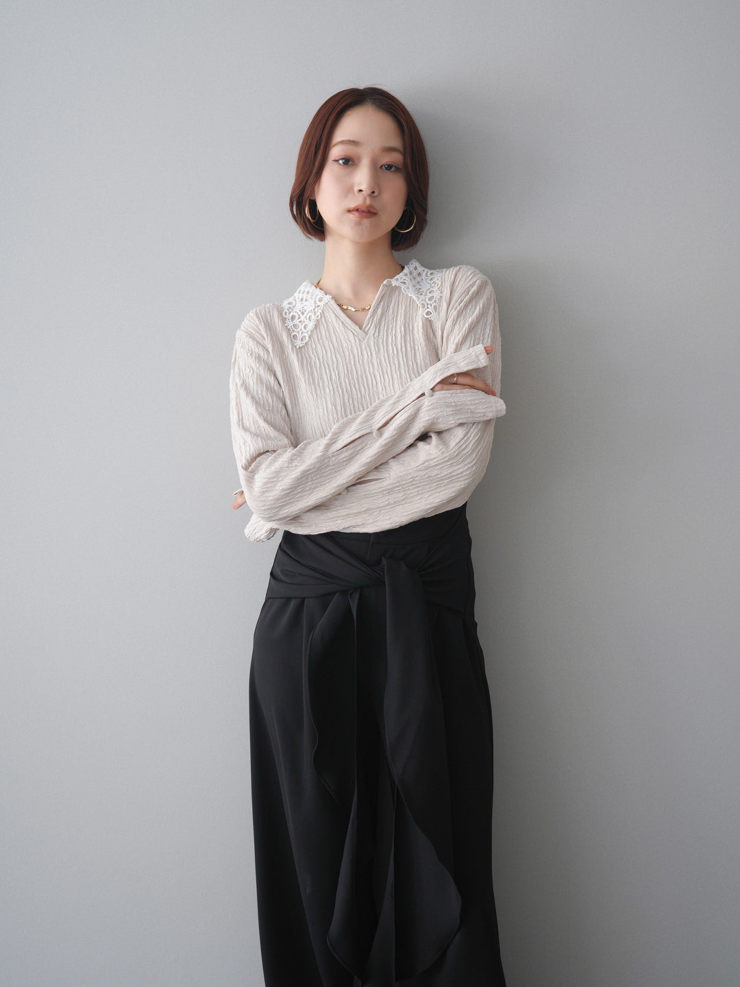 [SET]袖スリットレースカラートップス+ラッフルベルトワイドパンツ(2set)