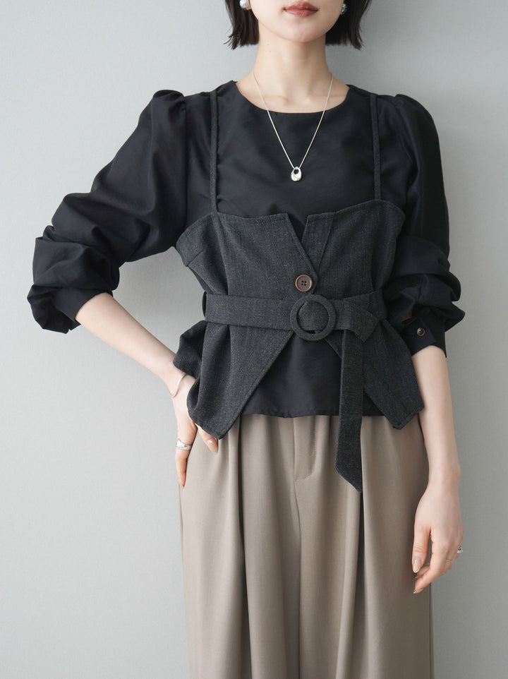 [SET]異素材ビスチェドッキングブラウス+異素材ビスチェドッキングブラウス(2set)