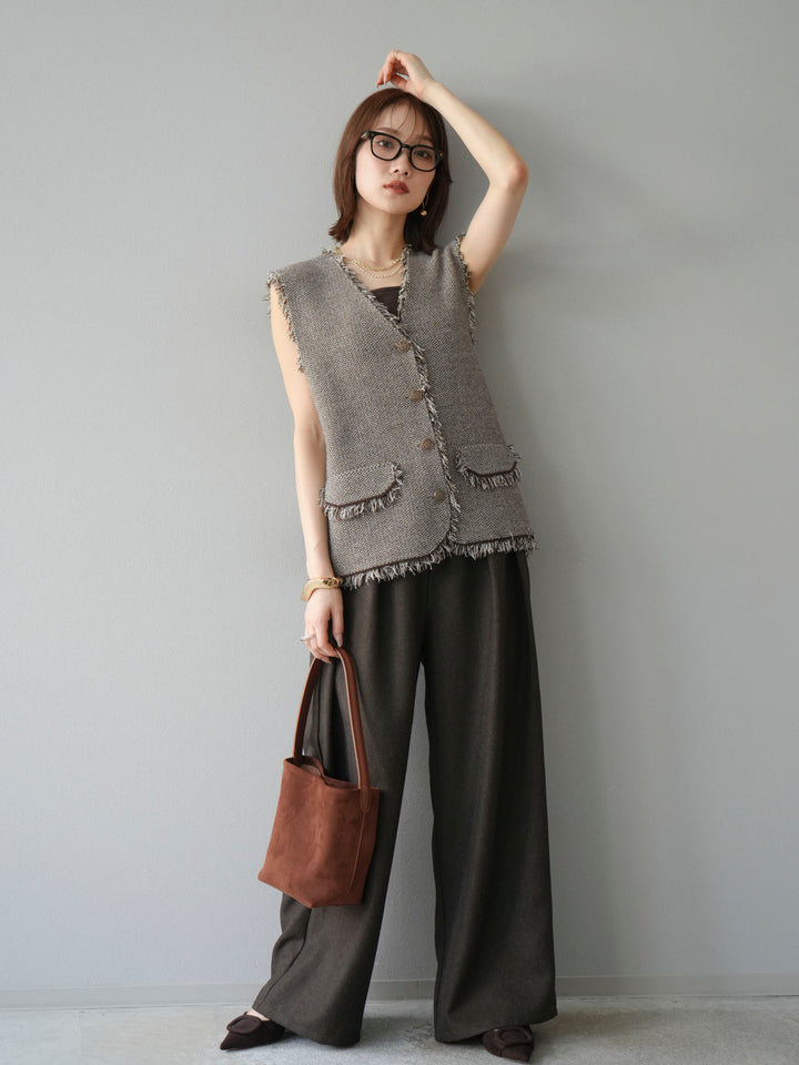 [予約]レザーパイピングタックワイドパンツ/ブラウン