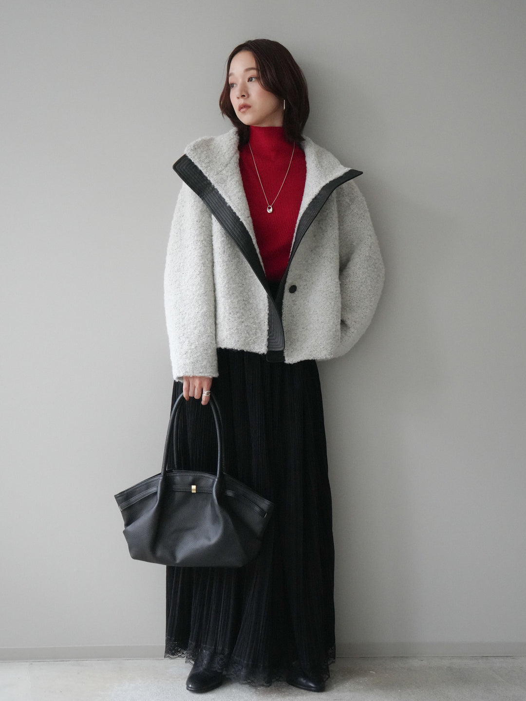 [SET]レザー切替ブークレブルゾン+袖ボタンボトルネックリブニットトップス+裾レーススウェードプリーツマキシスカート(3set)