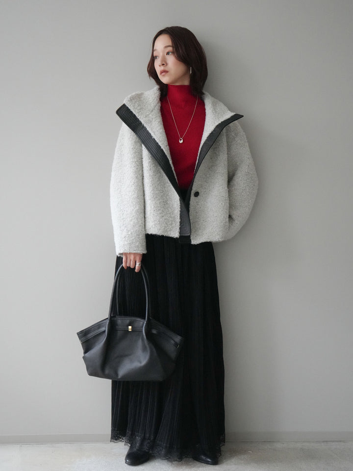 [SET]レザー切替ブークレブルゾン+袖ボタンボトルネックリブニットトップス+裾レーススウェードプリーツマキシスカート(3set)