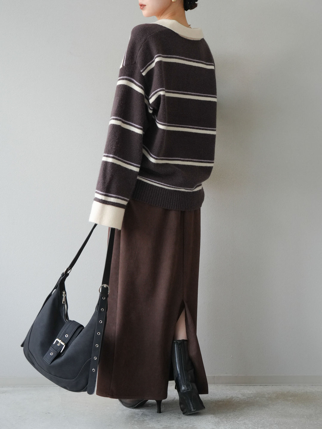 [SET]ポロ襟スキッパーボーダーニットプルオーバー+スウェードIラインスカート(2set)