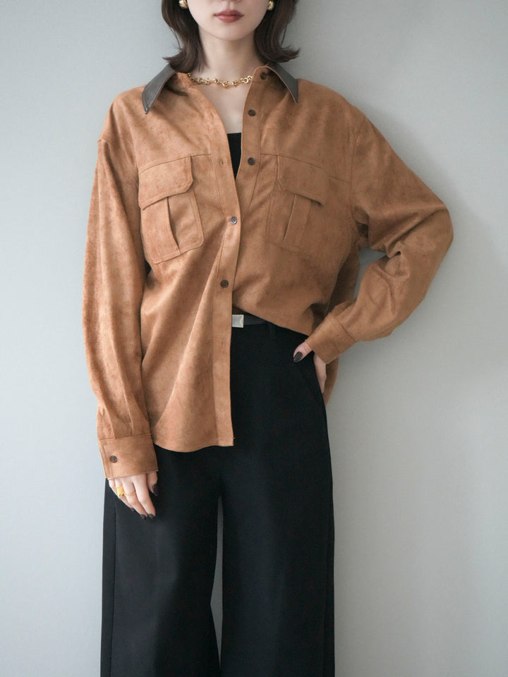 [予約]レザー襟スエードシャツ/camel