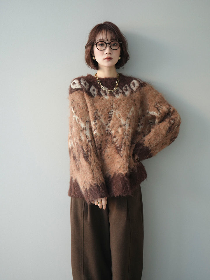 [予約]シャギーニュアンス柄ニットプルオーバー/brown