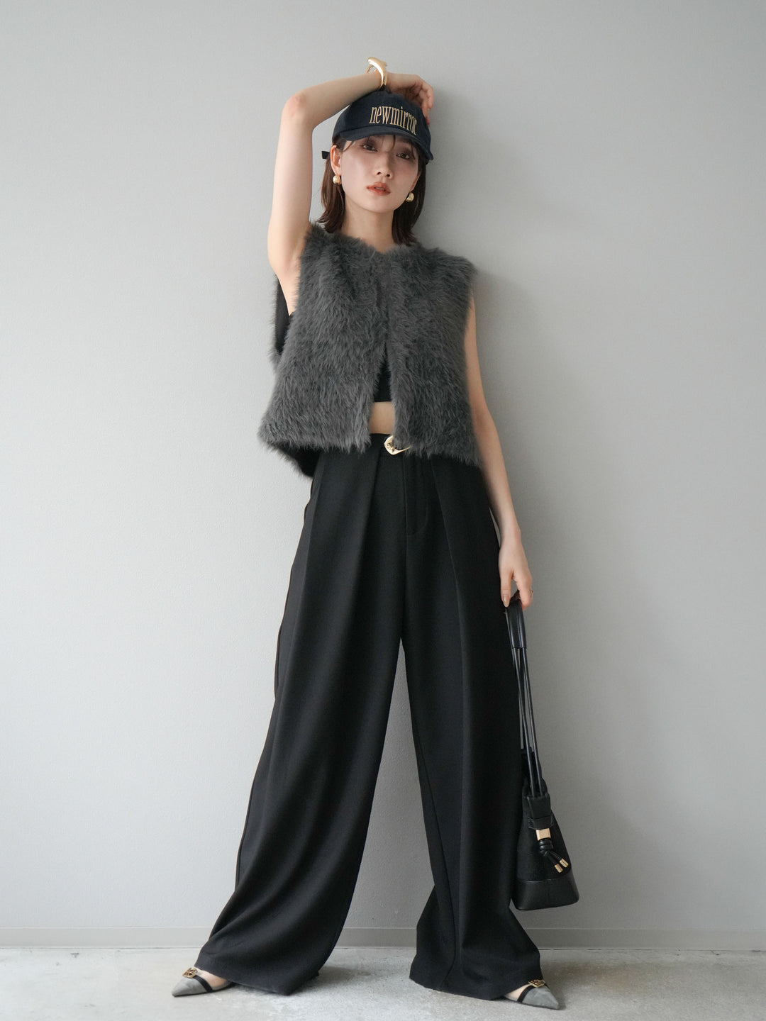 [予約]ミンクライク前後2WAYショートジレ/チャコール