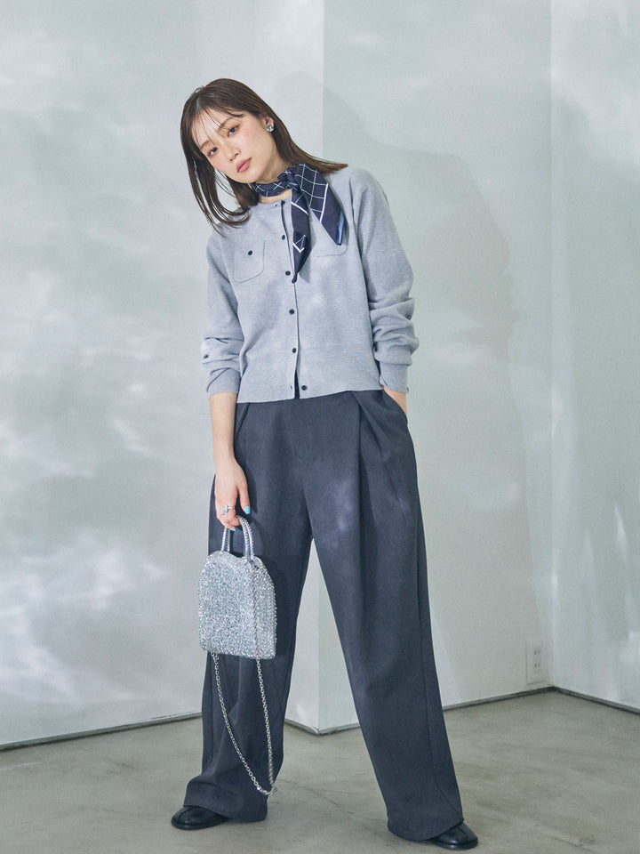 【Allure】[SET]ミニポケットニットカーディガン+アシンメトリーウエストタックパンツ(2set)