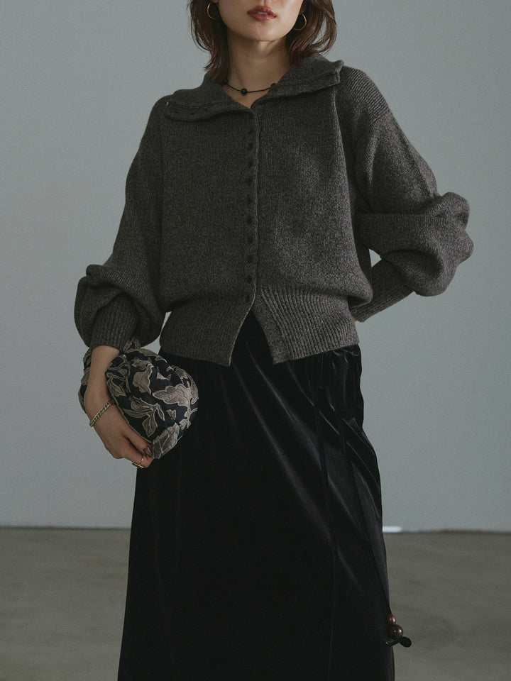 【Allure】[SET]ミックスハイネックカーディガン+ベロアナロースカート(2set)