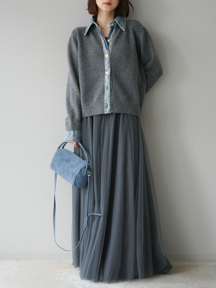 [SET]デニム襟ボタンニットカーディガン+チュールボリュームスカート(2set)