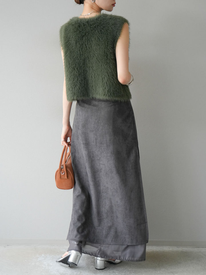 [予約]サイドスリットスウェードドッキングシフォンスカート/グレー