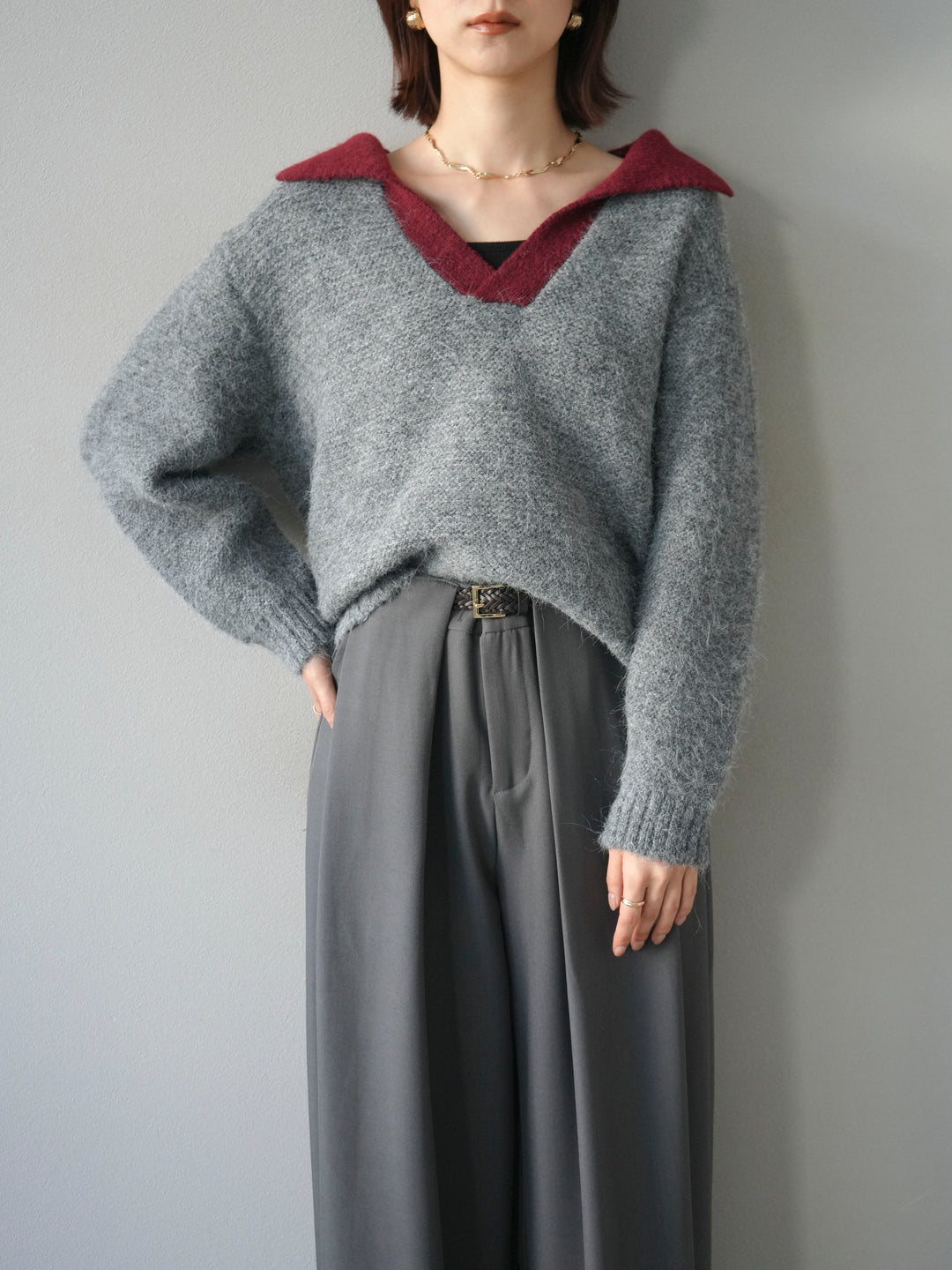 [SET]バイカラー襟付きニットプルオーバー+ベルトループデザインワイドパンツ(2set)