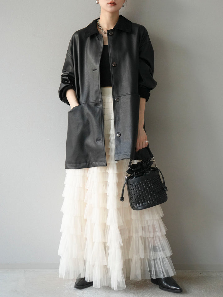 [予約]コーデュロイ襟レザーステンカラージャケット/ブラック