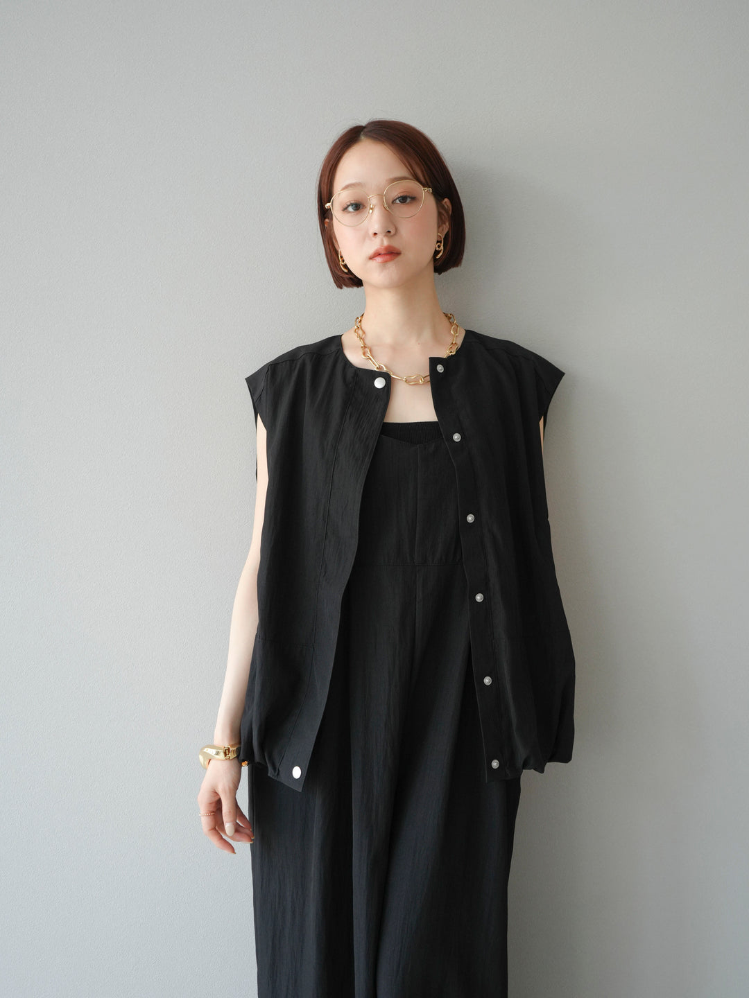 [SET]リネンライクビスチェデザインサロペット+リネンライクドロストバルーンブルゾン(2set)