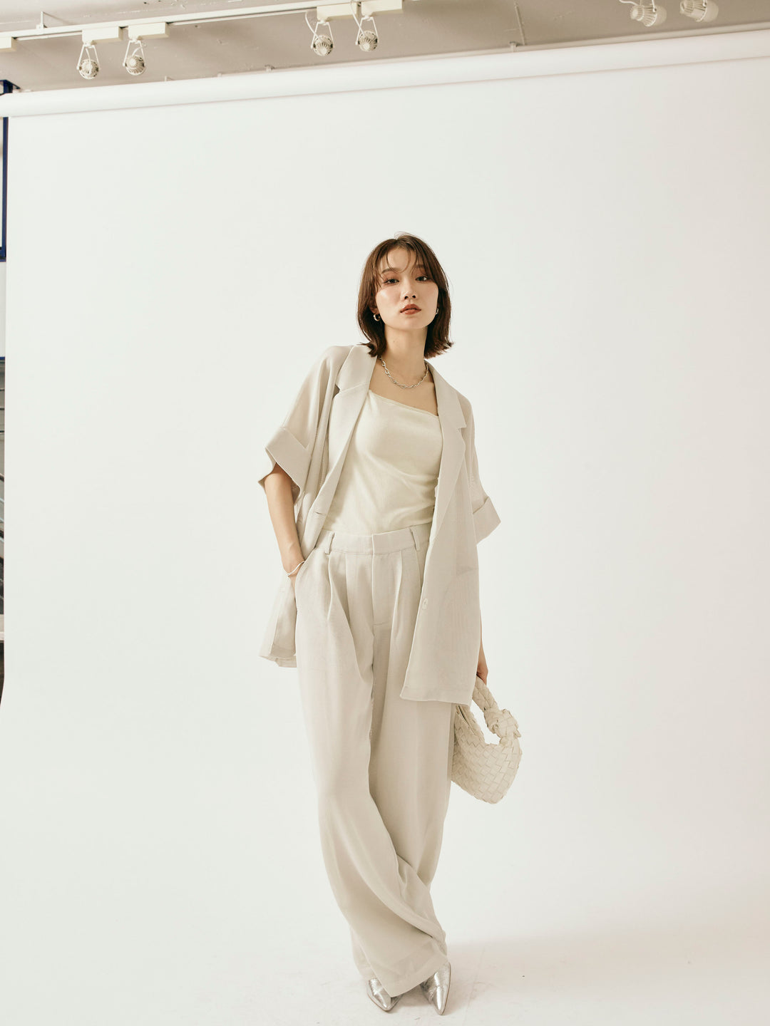 [予約]メッシュタックワイドパンツ/オフグレー